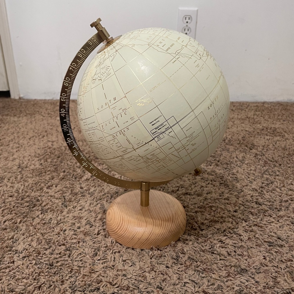Modern Decorative Desk Globe Cream and Gold World Map‎ with Natural Wood Base 8"